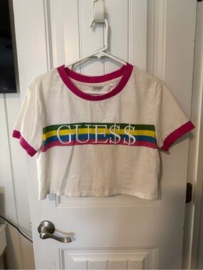 GUESS Originals A$AP Rocky collab ' White Crop Ringer Tee with Pink Trim